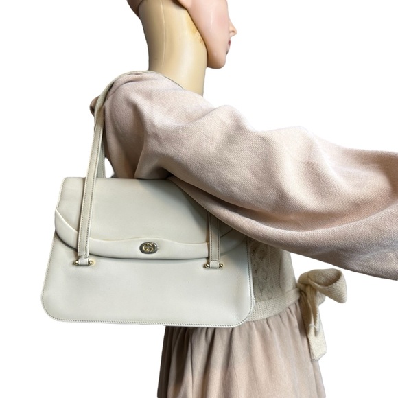 Authentic Gucci Ivory Hand Bag Gold Hardware Leather Vintage Double GG - Picture 3 of 12